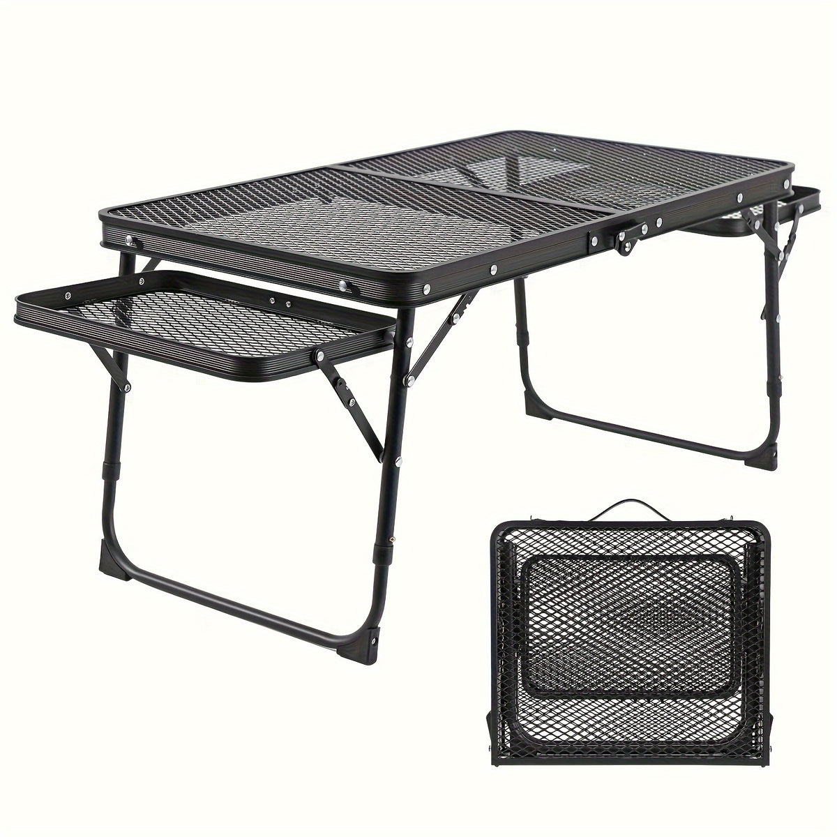 Portable Folding Table With 2 Wing Panels, Camping Table With Mesh Table Top