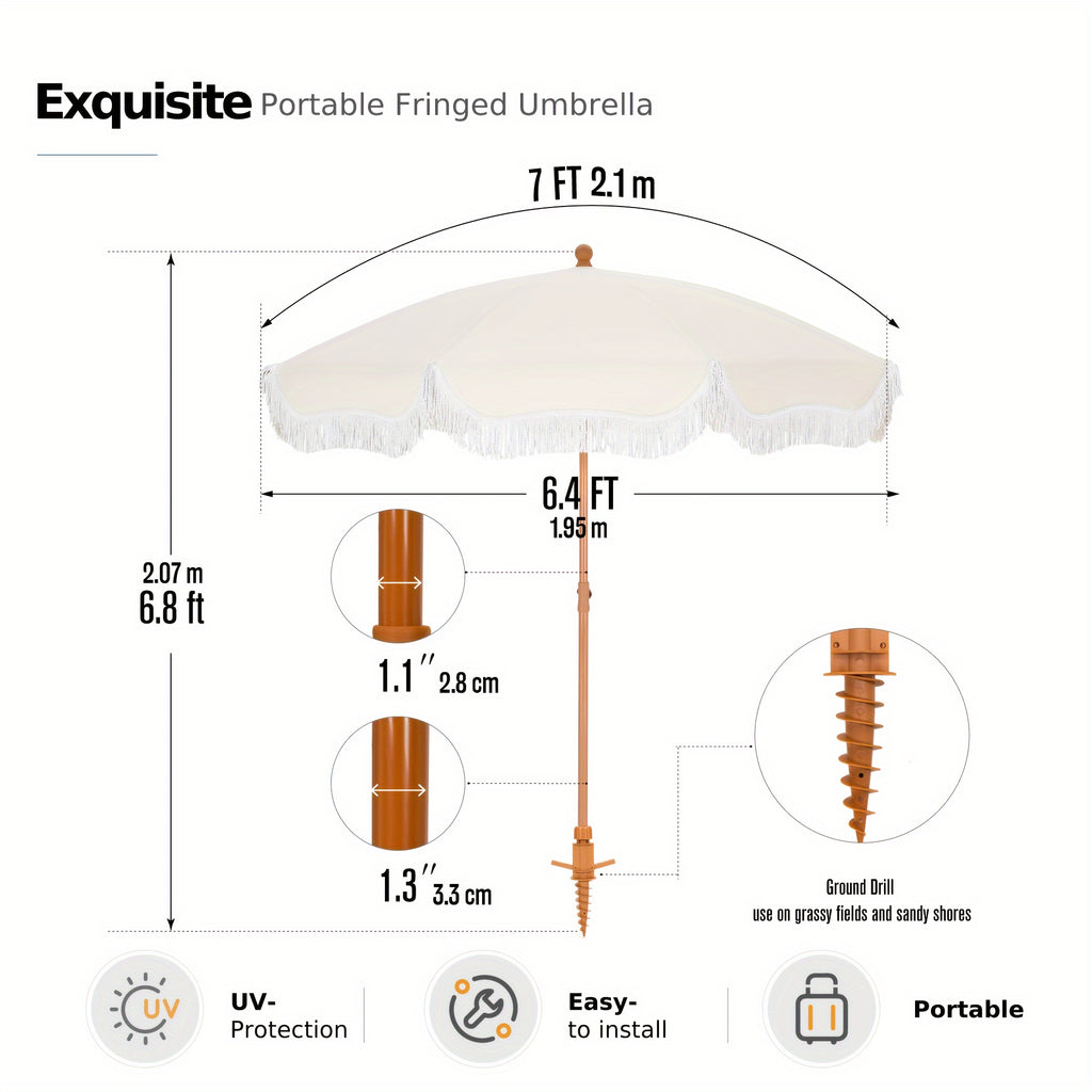 7ft UV 50+ Fringe Beach Umbrella - White Carry Bag Included