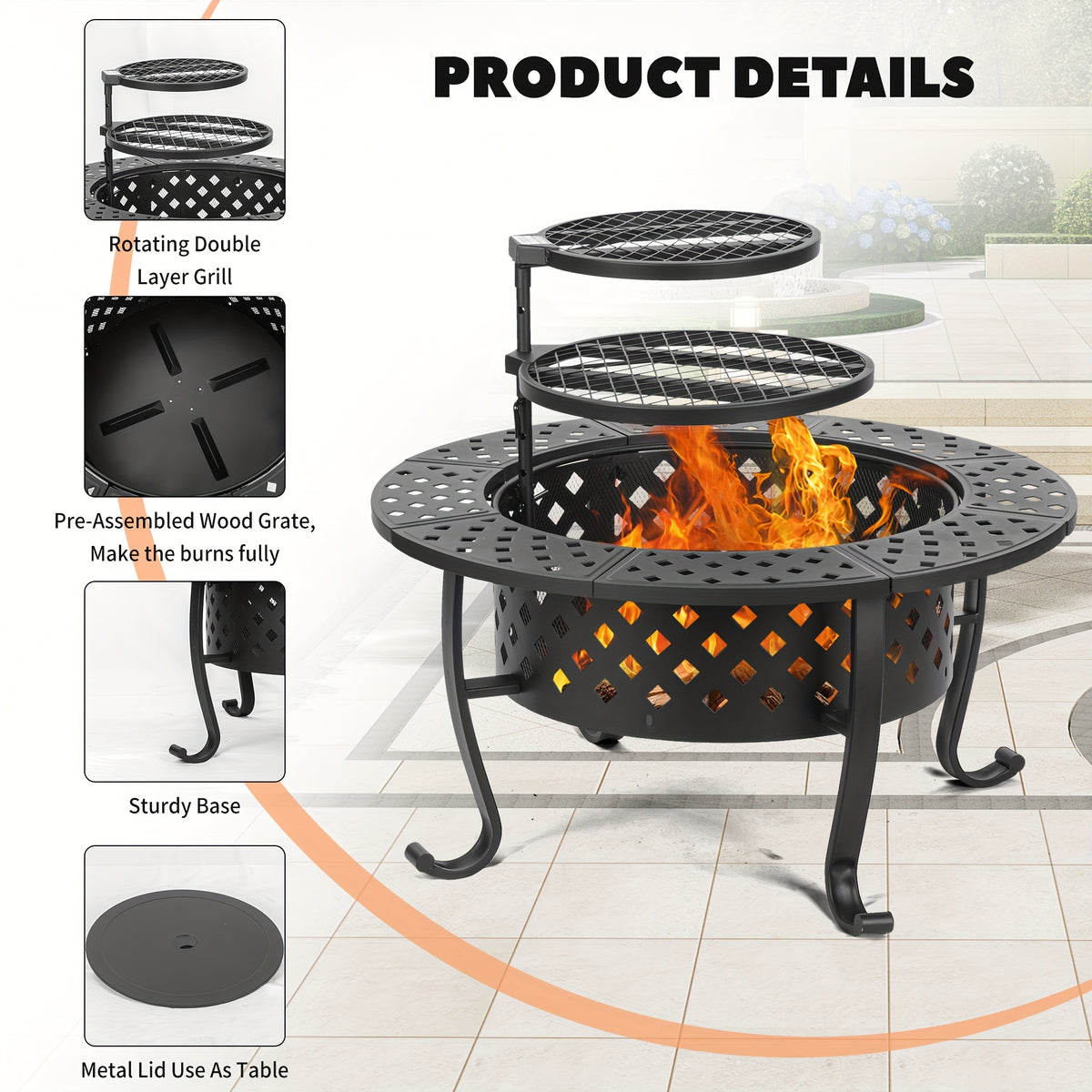 36''x28''Fire Pit, 3-in-1 Fire Pit with Two Grills, Lid, Poker, Waterproof Cover