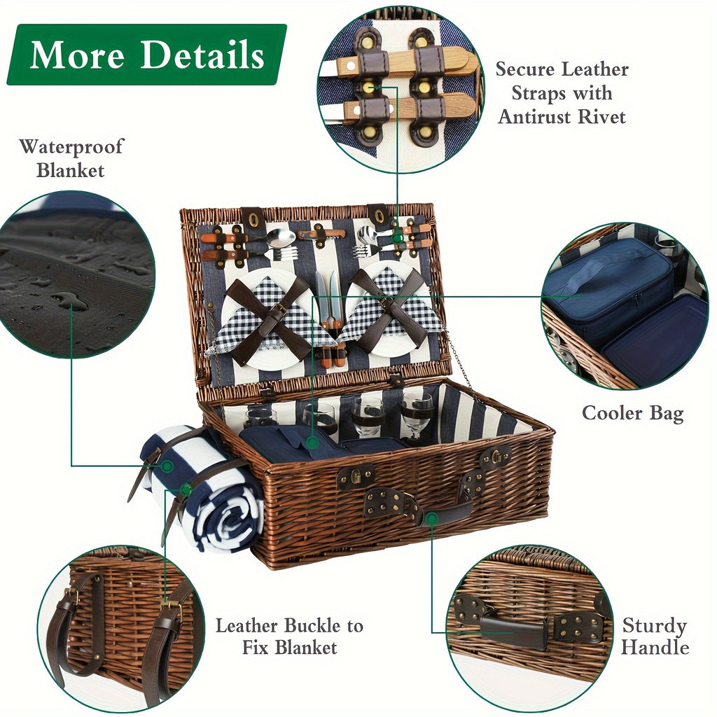 Extra Large Willow Picnic Basket with Service Set for 4 Persons