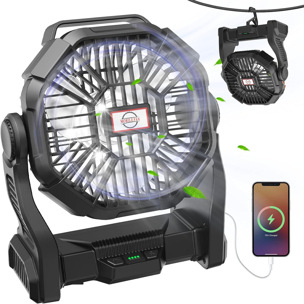 58H Long-Lasting Rechargeable Camping Fan with LED Lantern