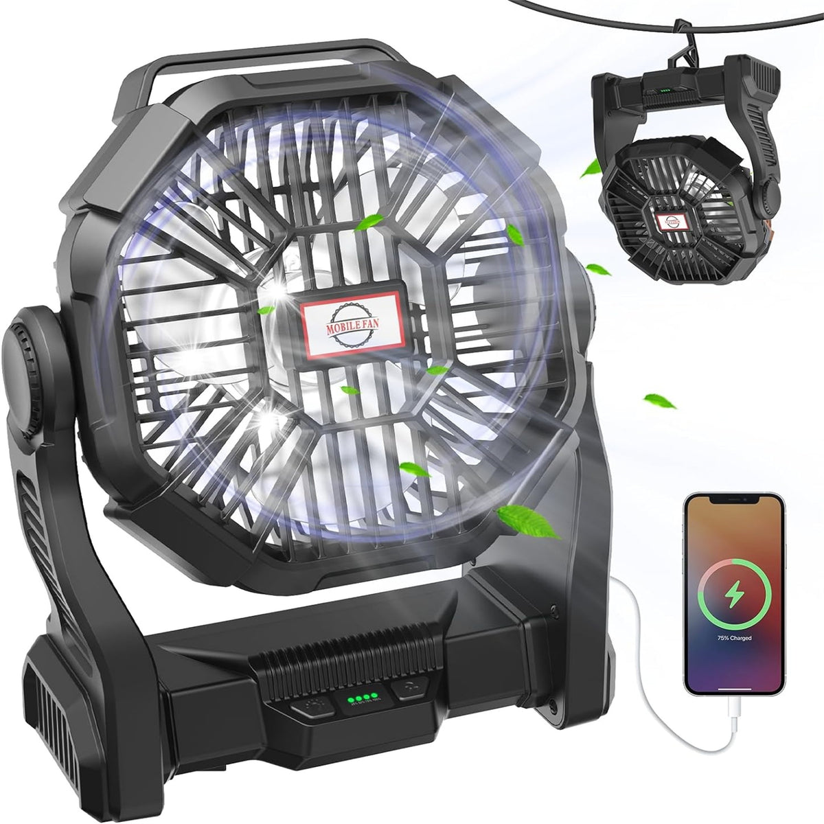 58H Long-Lasting Rechargeable Camping Fan with LED Lantern