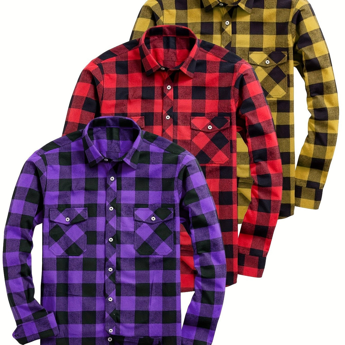 3pcs Stylish Plaid Pattern Long Sleeve Button Down Shirts