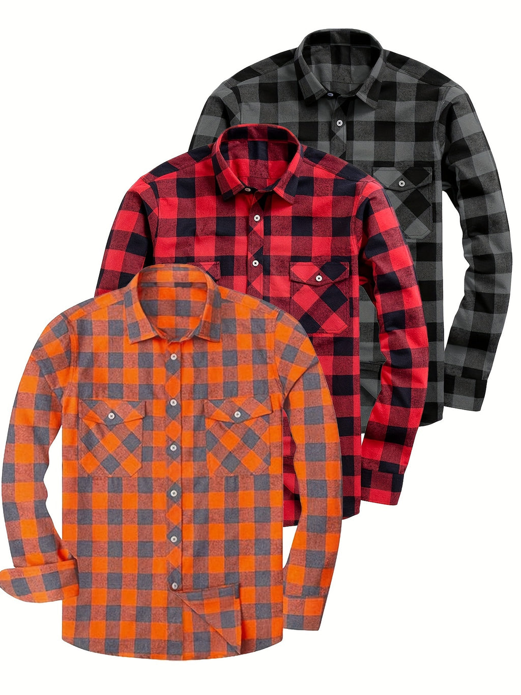 3pcs Stylish Plaid Pattern Long Sleeve Button Down Shirts