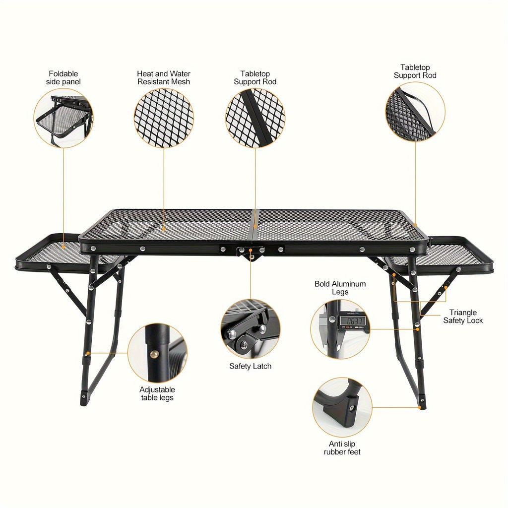 Portable Folding Table With 2 Wing Panels, Camping Table With Mesh Table Top