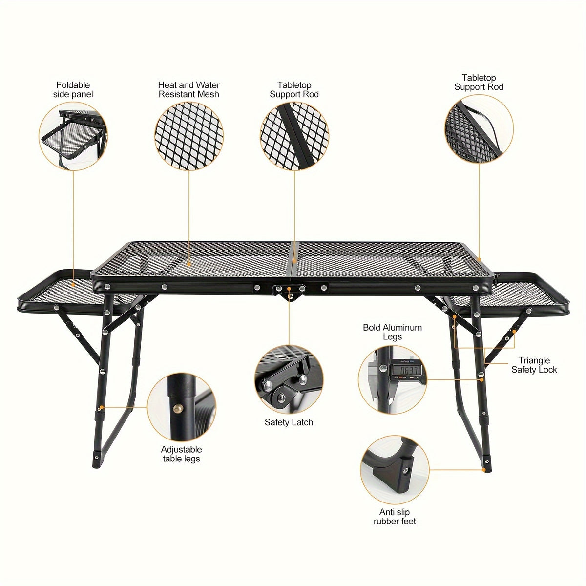 Portable Folding Table With 2 Wing Panels, Camping Table With Mesh Table Top