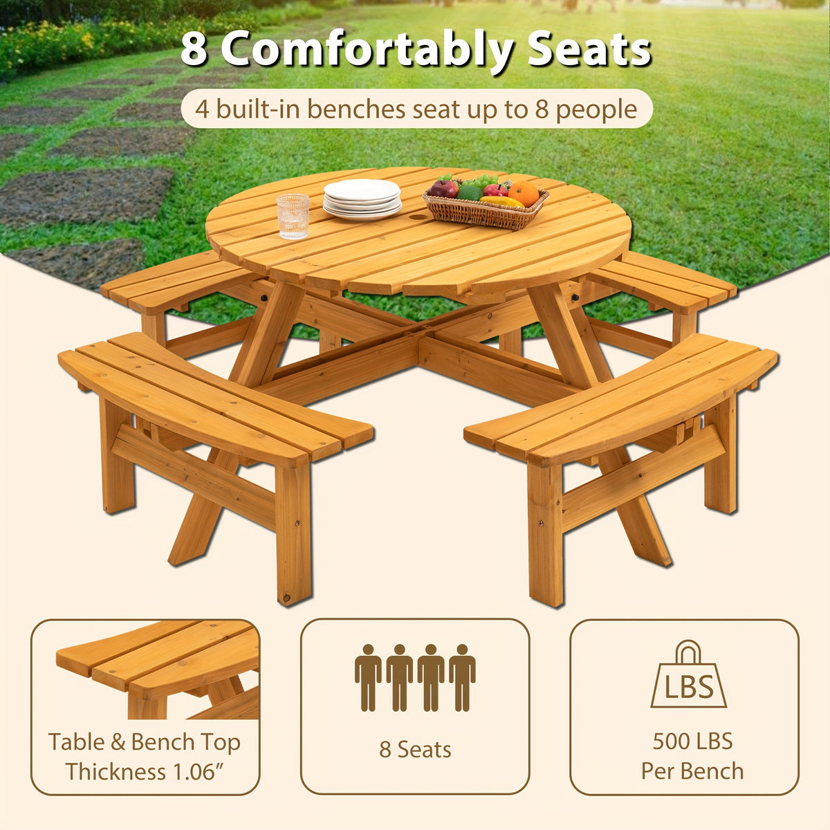 8 Person Wooden Picnic Table