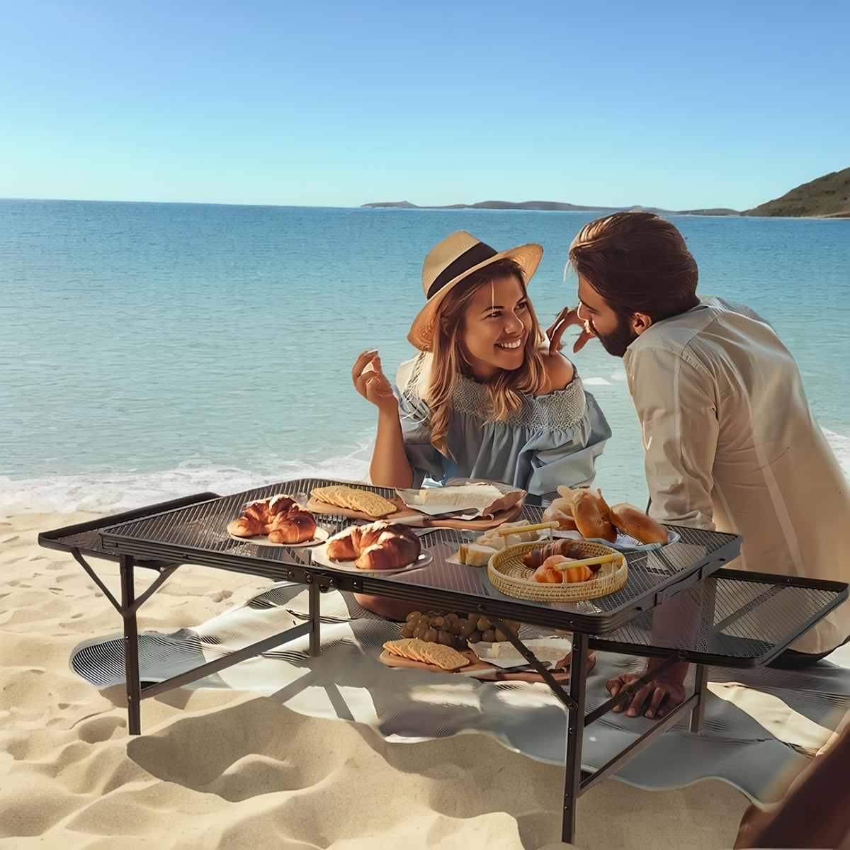 Family Camping Table with 2 Side Frames Folding Metal Grill