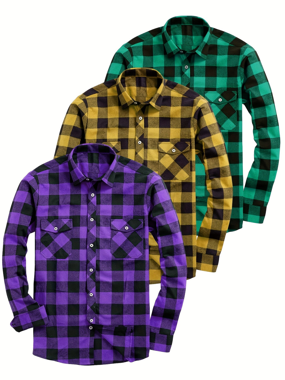 3pcs Stylish Plaid Pattern Long Sleeve Button Down Shirts