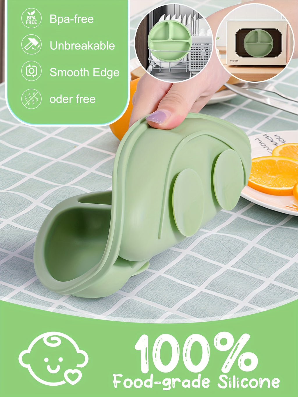 3pcs Baby Feeding Set Made of 100% Silicone, Featuring a Divided Suction Plate