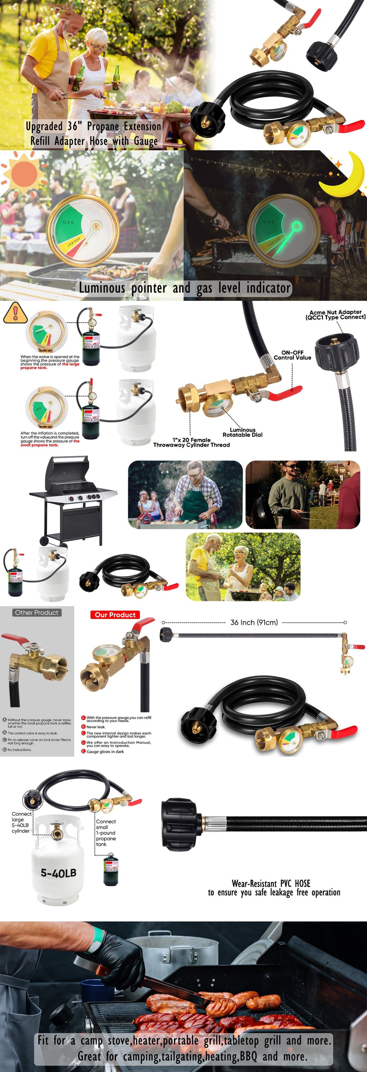 36" Propane Refill Adapter Hose with Pressure Gauge