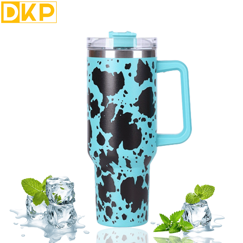 Insulated Cow Print Tumbler with Handle and Straw Lid - 40oz Capacity, 304 Stainless Steel