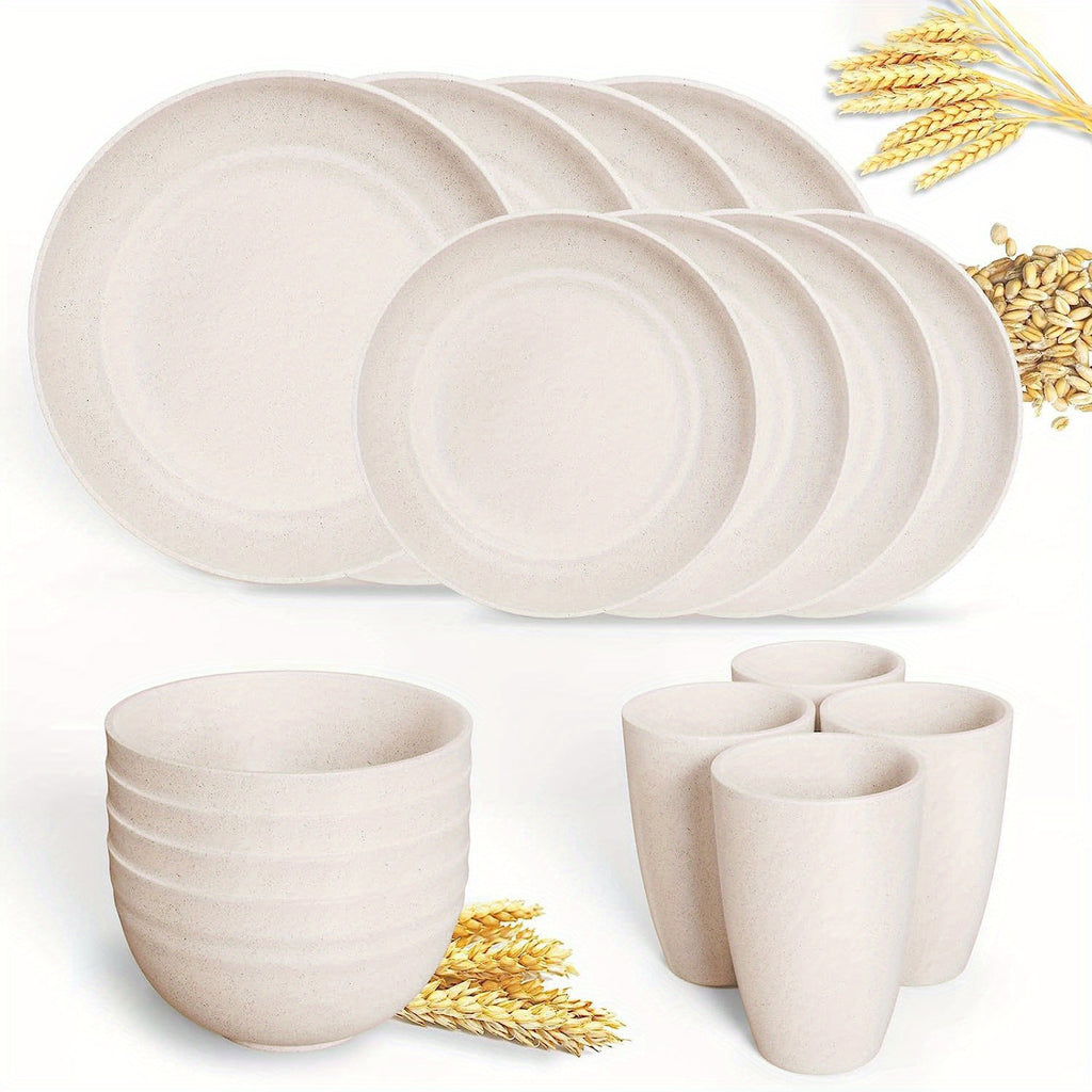 16pcs Unbreakable Wheat Straw Dinnerware Sets, Lightweight Plates Cups And Bowls Sets