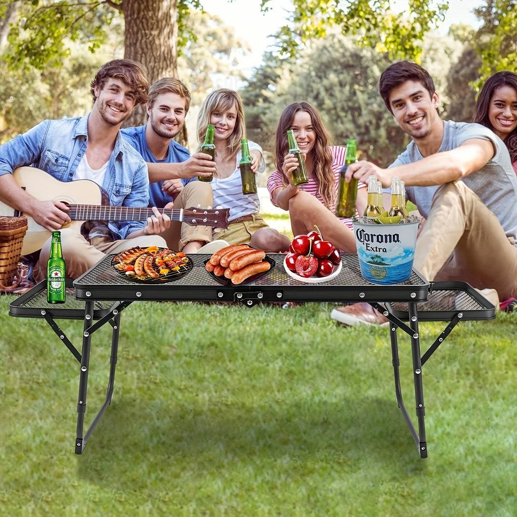 Portable Folding Table With 2 Wing Panels, Camping Table With Mesh Table Top