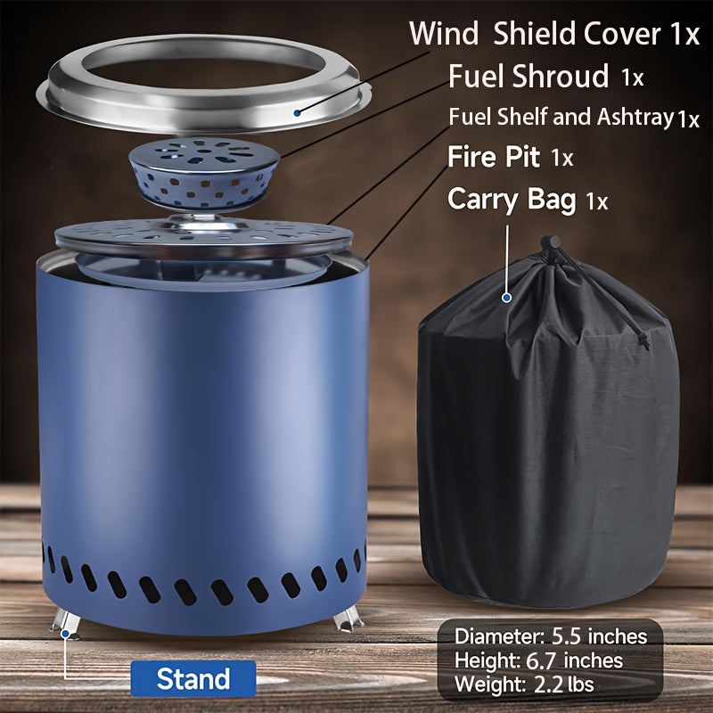 Portable Smokeless Fire Pit - Stainless Steel Wood Burning Fireplace with Removable Ash Pan, Travel Bag, and Stand for Camping and Backyard (5.5inch)