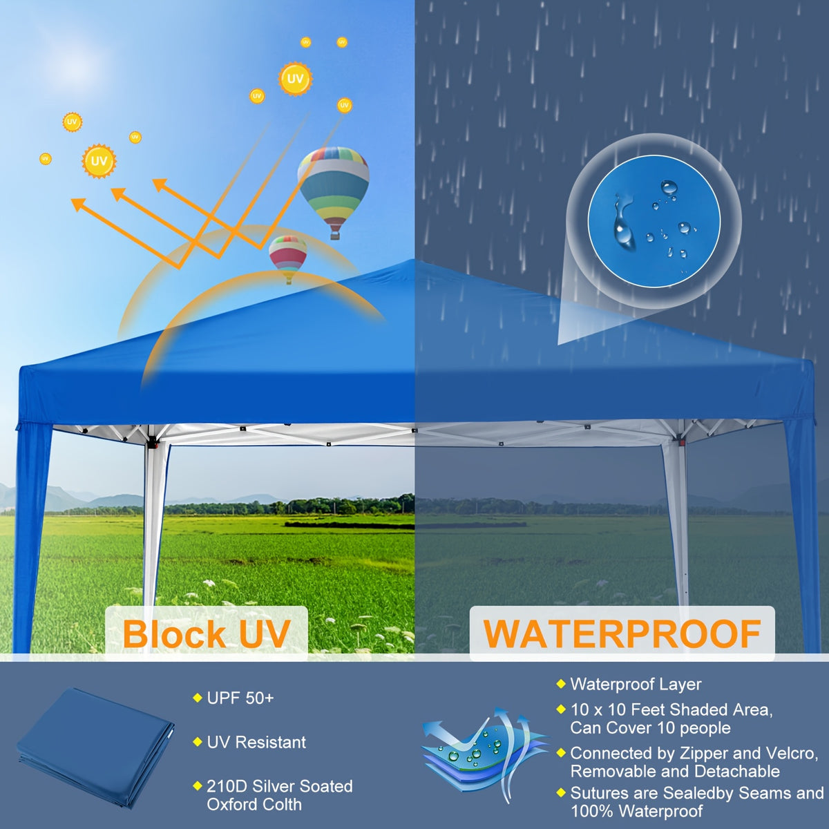 10x10 Ez Pop Up Canopy Tent, UPF 50+ Waterproof