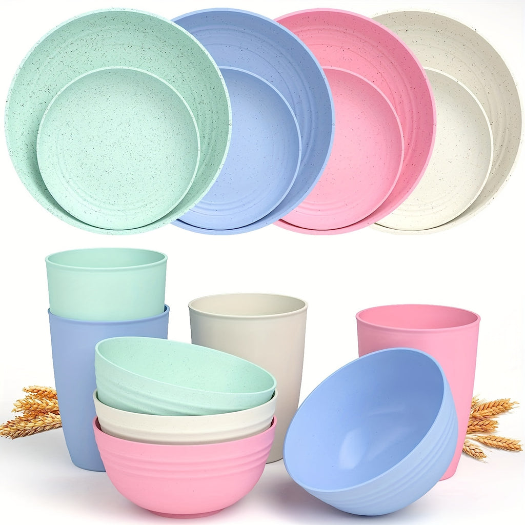 16pcs Unbreakable Wheat Straw Dinnerware Sets, Lightweight Plates Cups And Bowls Sets