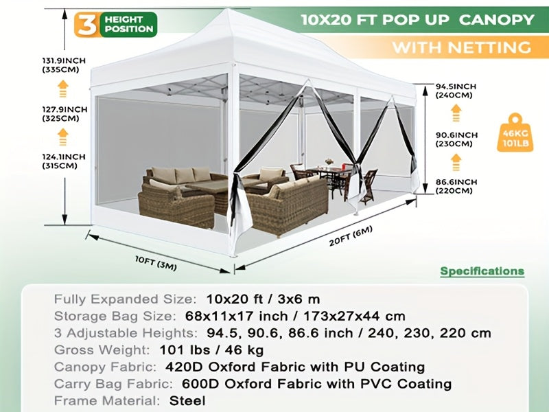 10x20ft Outdoor Canopy Tent with Sidewalls, Waterproof Canopy, Carry Bag with Wheels