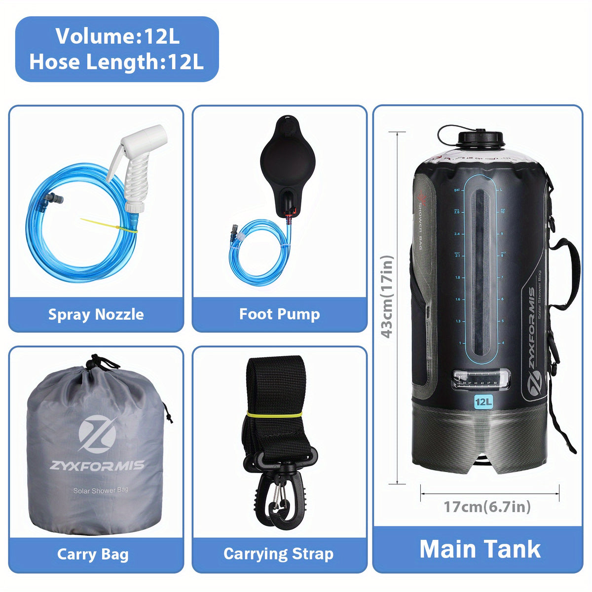 12/20L TPU Portable Camping Shower Bag-Easy Fill with Foot Pump