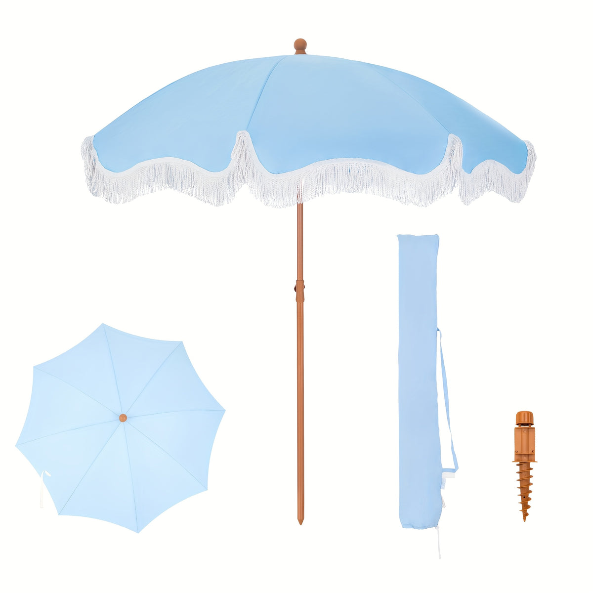7ft UV 50+ Fringe Beach Umbrella - White Carry Bag Included