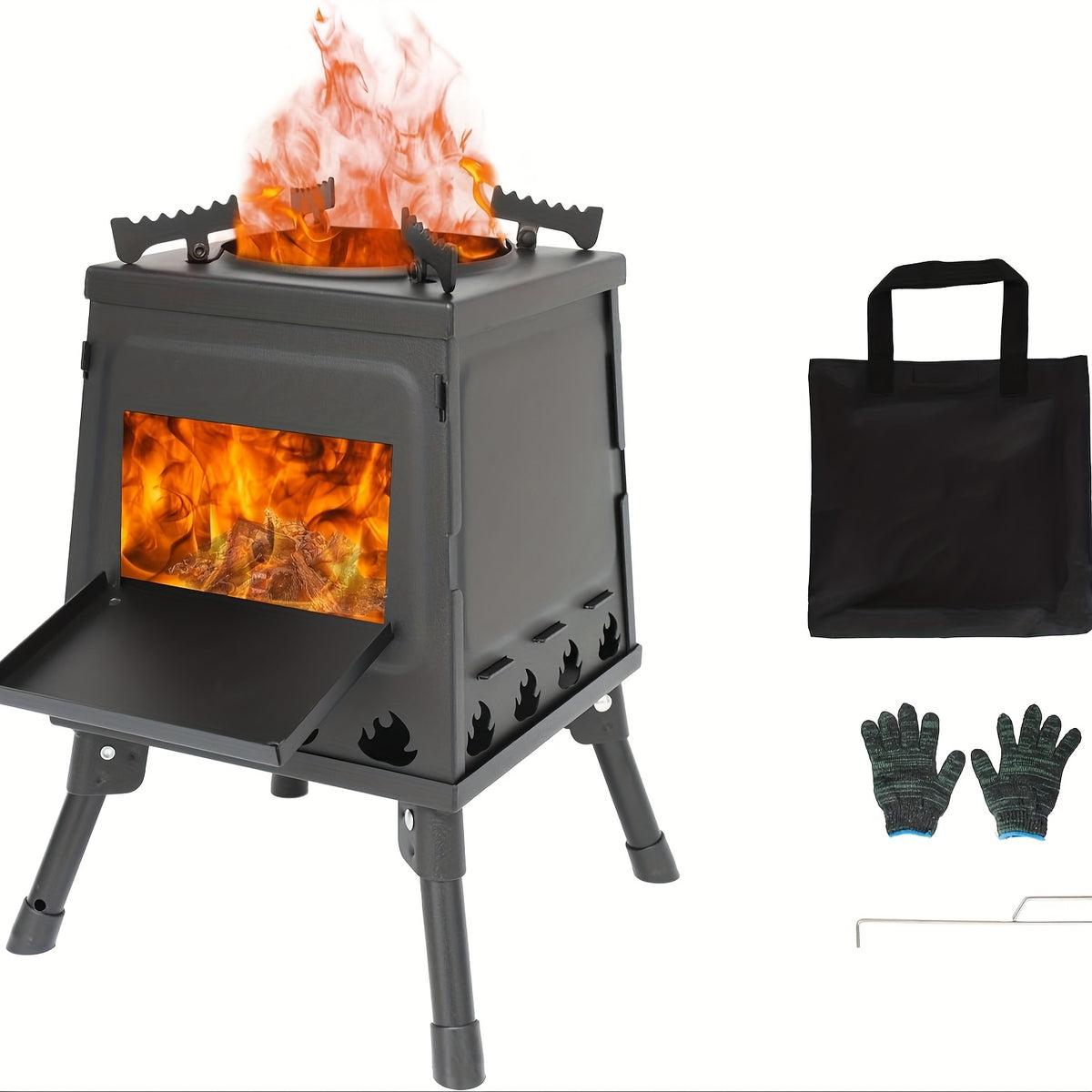 Portable Cast Iron Camping Wood Stove, Black Woodstove