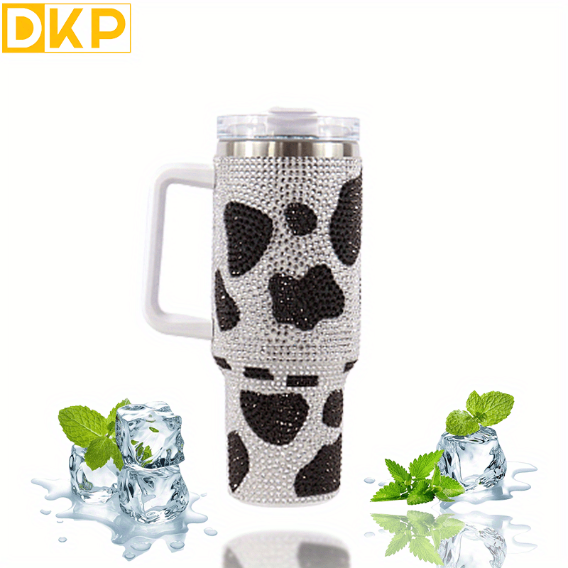 Insulated Cow Print Tumbler with Handle and Straw Lid - 40oz Capacity, 304 Stainless Steel
