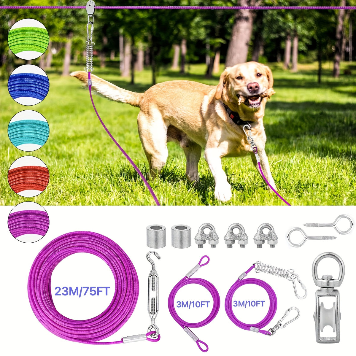 50ft/75ft/100ft Dog Zipline With 10ft Dog Runner Cable