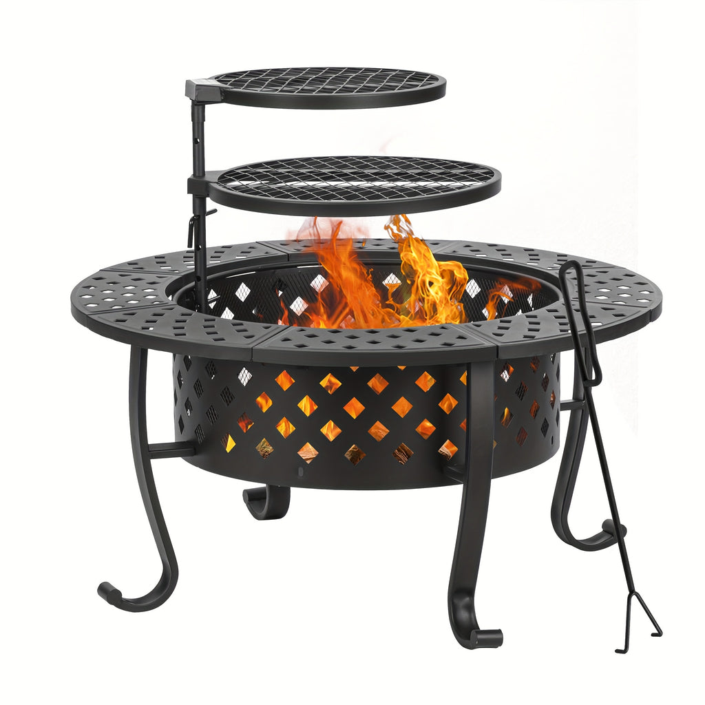 36''x28''Fire Pit, 3-in-1 Fire Pit with Two Grills, Lid, Poker, Waterproof Cover