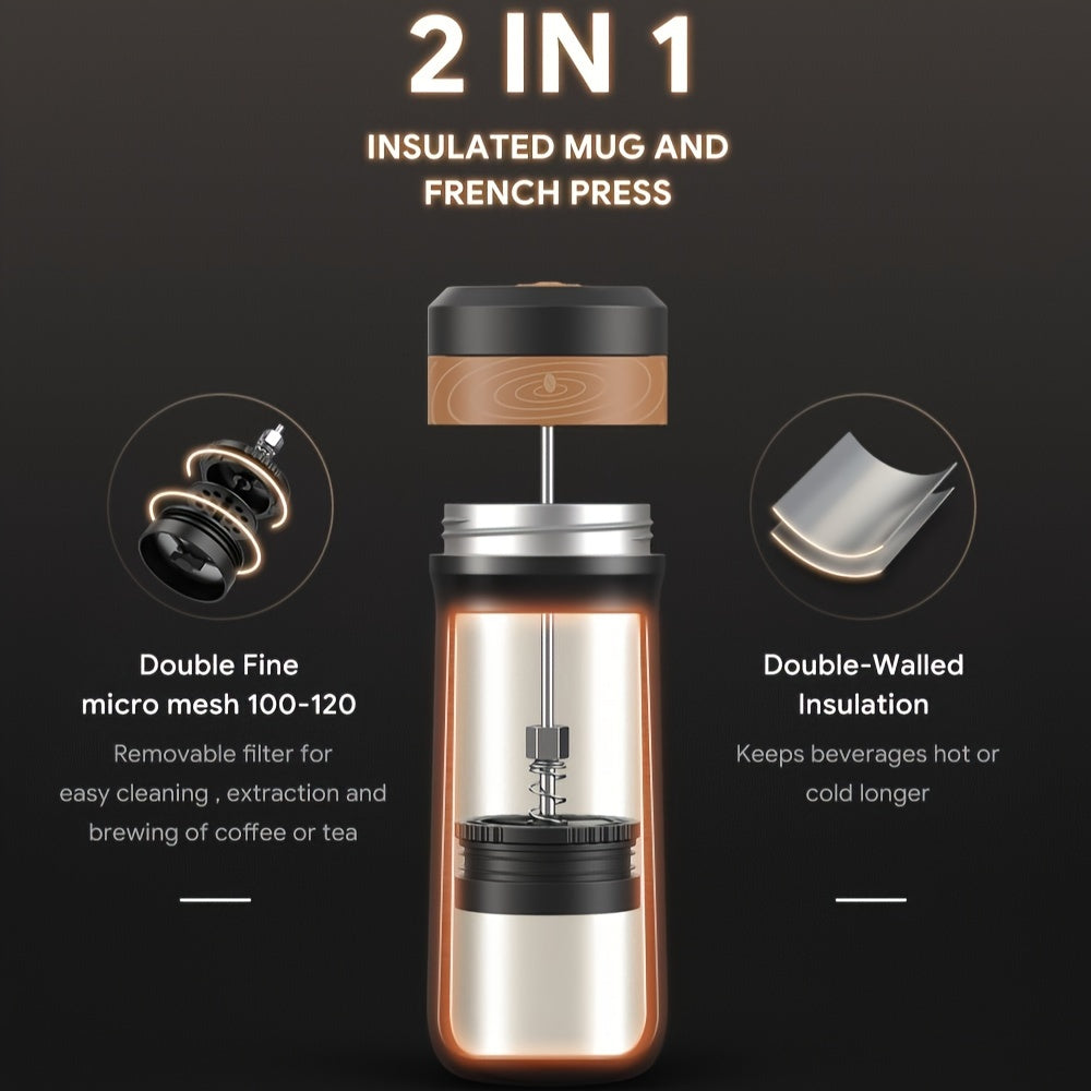 Portable French Press Coffee Maker 12oz Stainless Steel Travel French Coffee Maker with  Insulated Coffee Mug