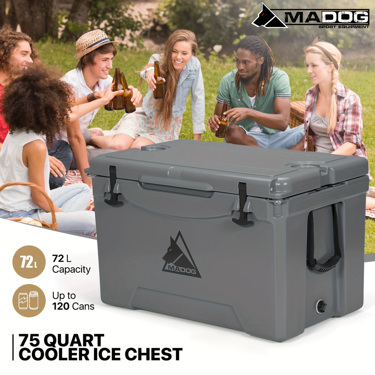 75 Quart Portable Insulated Hard Cooler with Cup Holder, 120 Can Capacity