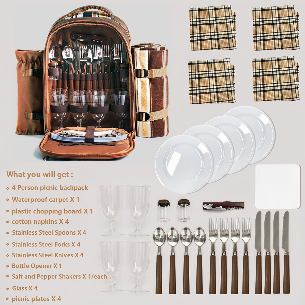 4-Person Picnic Backpack with Cooler Compartment, Detachable Bottle/Wine Holder