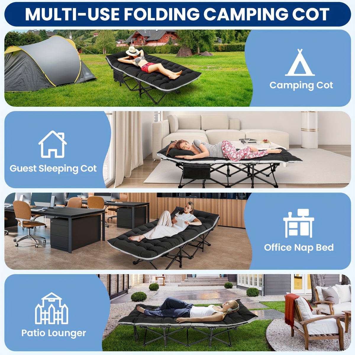 Camping Sleeping Cots with cotton-padded/Velvet Mattress, 900lbs