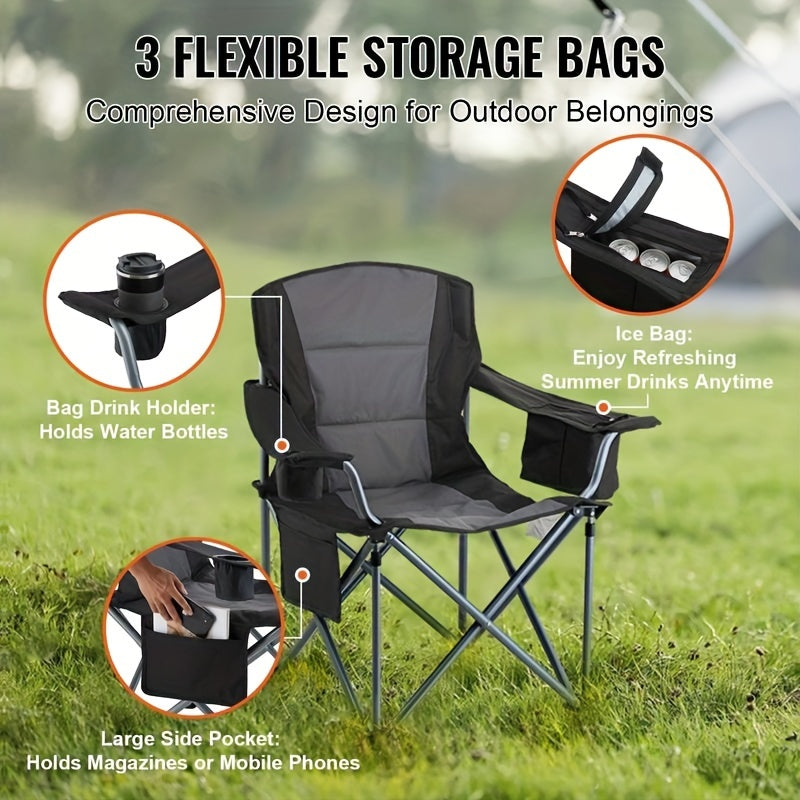 Heavy Duty Portable Folding Chair - with Side Pockets, Cup Holder, Cooler Bag