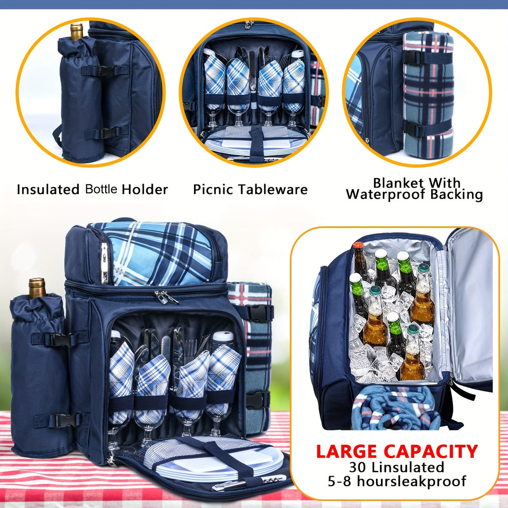 4-Person Insulated Picnic Basket Backpack with Leak-Proof Cooler Compartment