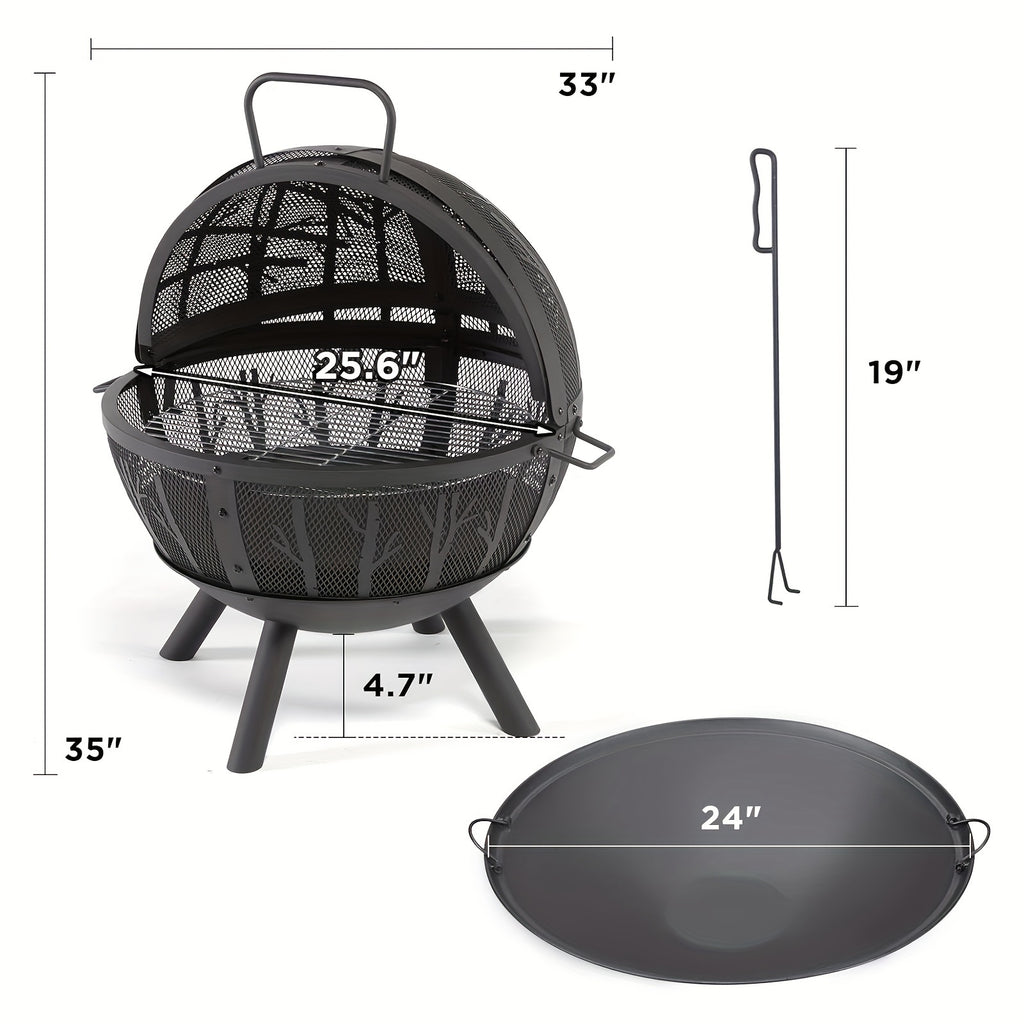 35 Inch  Outdoor Wood Burning Flaming Ball FirePit with Pivot Spark Screen