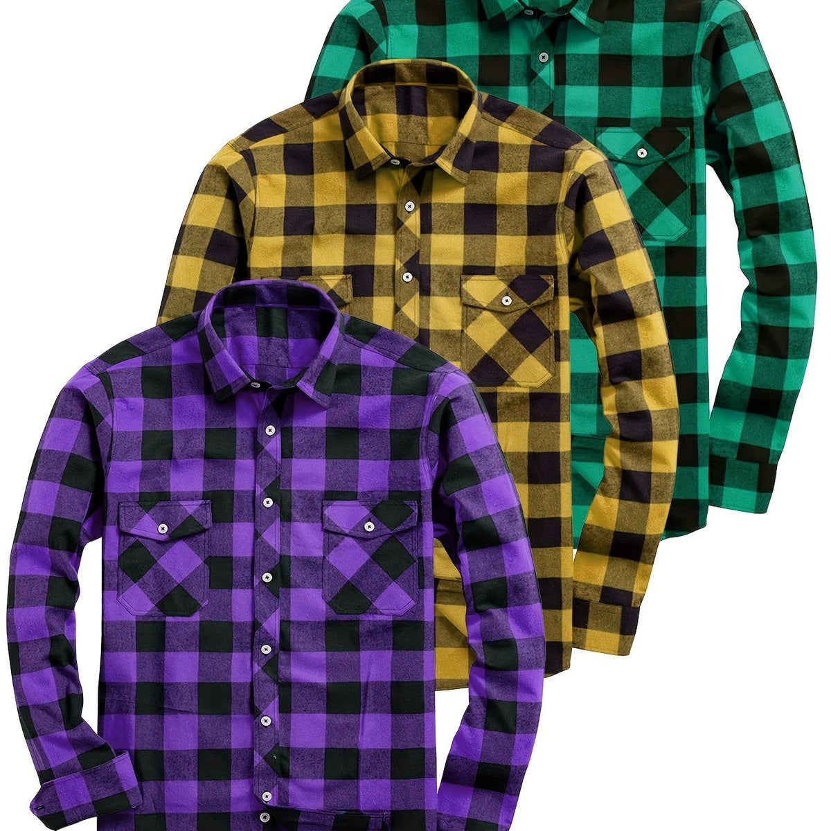 3pcs Stylish Plaid Pattern Long Sleeve Button Down Shirts