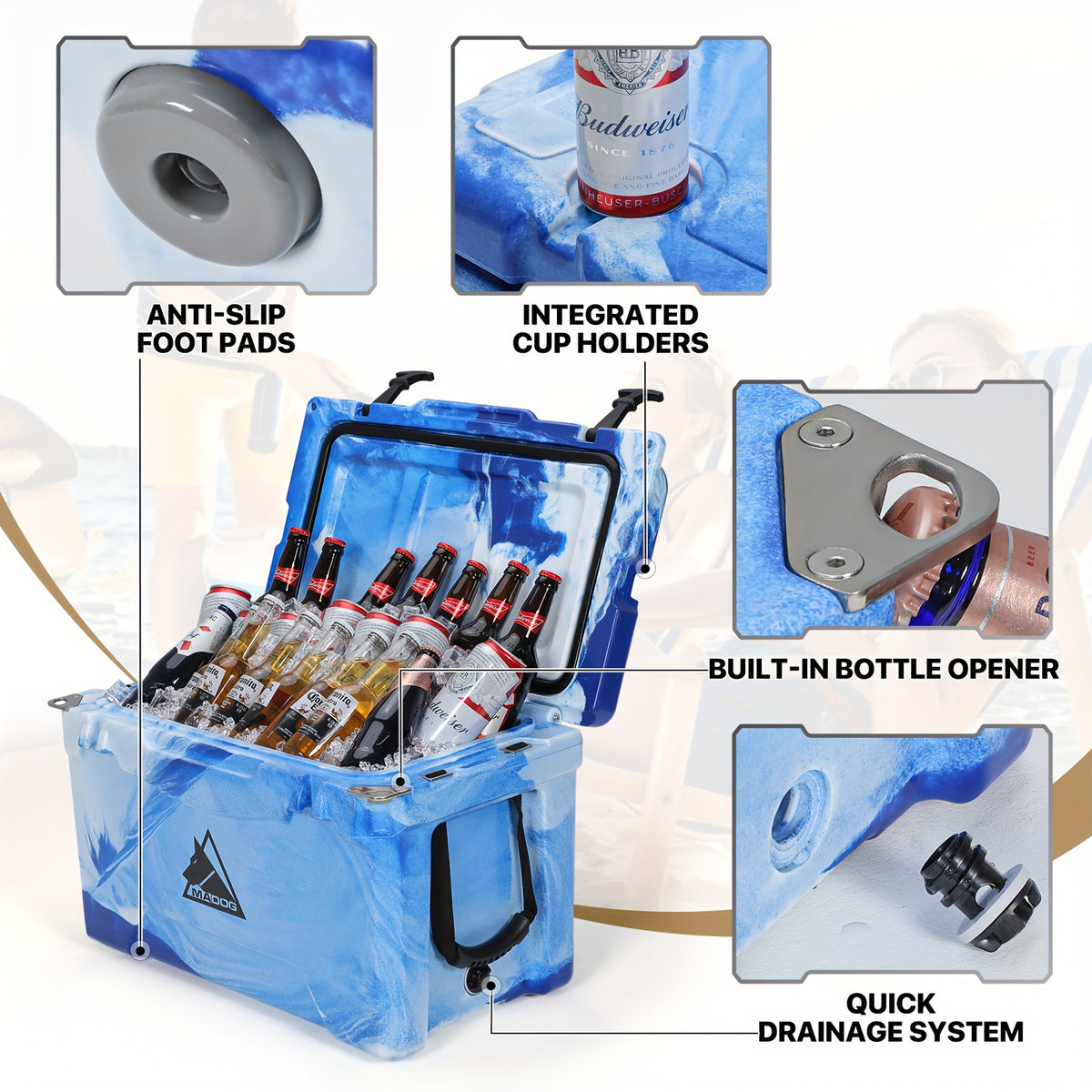 35 Quart Portable Insulated Ice Chest with Cup Holder, Holds Up to 54 Cans