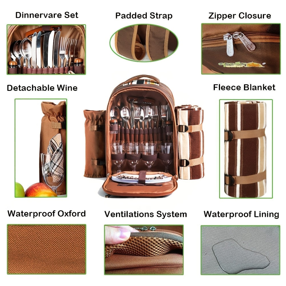 4-Person Picnic Backpack with Cooler Compartment, Detachable Bottle/Wine Holder