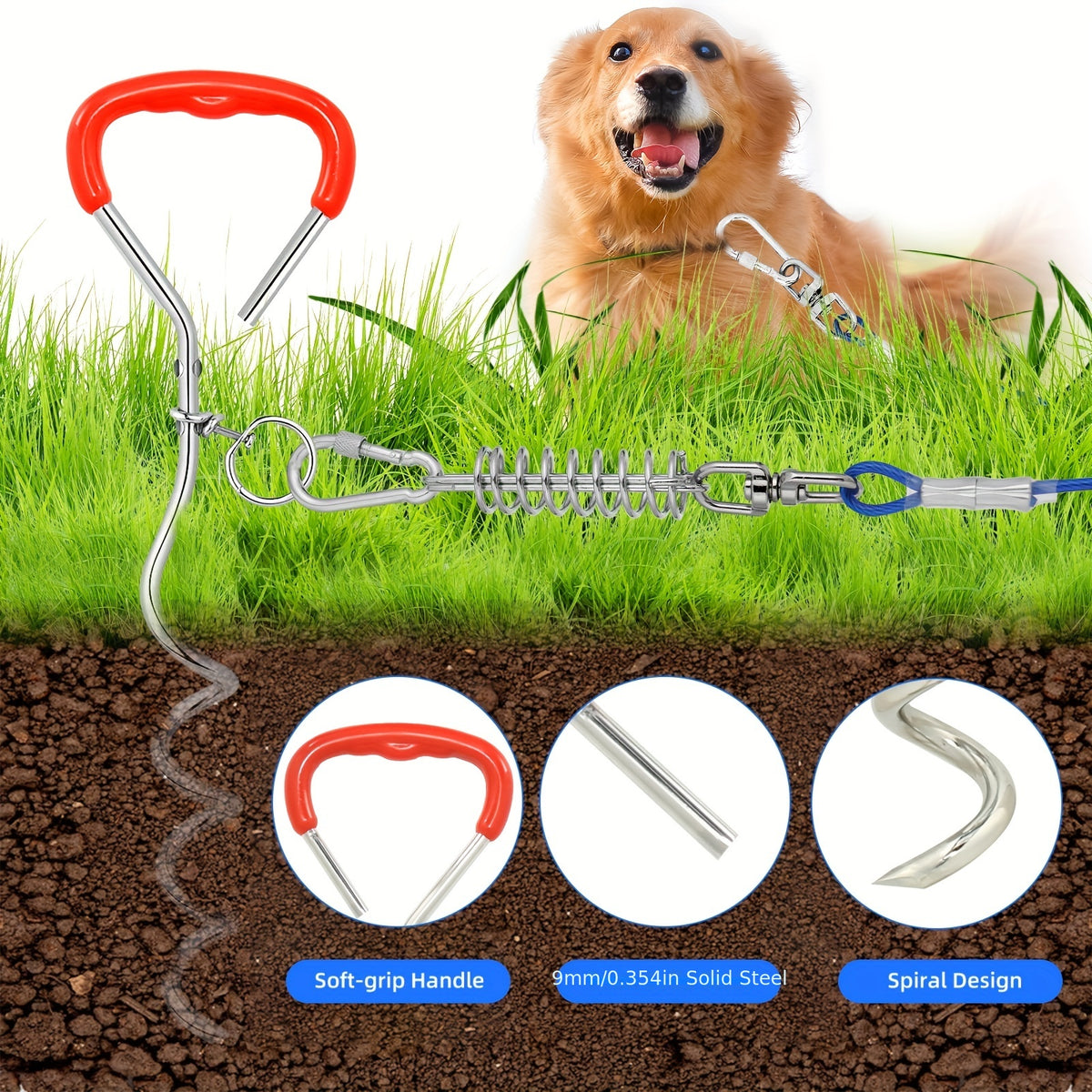 Heavy-Duty Dog Tie Out Cable with Spiral Stake - 10ft to 50ft
