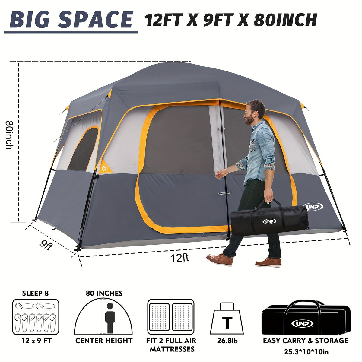 Camping Tent 8 Person, Waterproof Windproof Family Tent with Rainfly