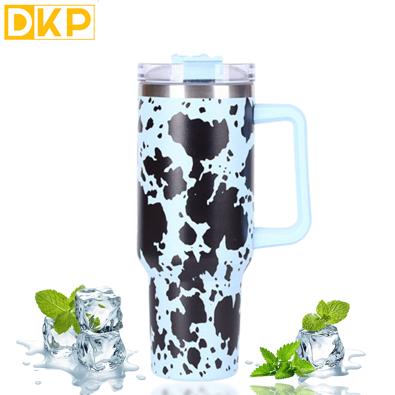 Insulated Cow Print Tumbler with Handle and Straw Lid - 40oz Capacity, 304 Stainless Steel