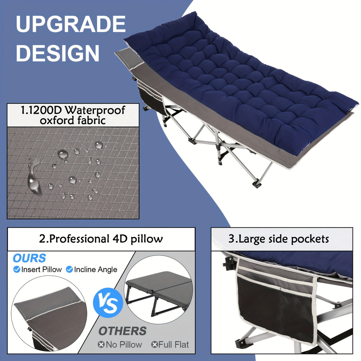 Camping Sleeping Cots with cotton-padded/Velvet Mattress, 900lbs