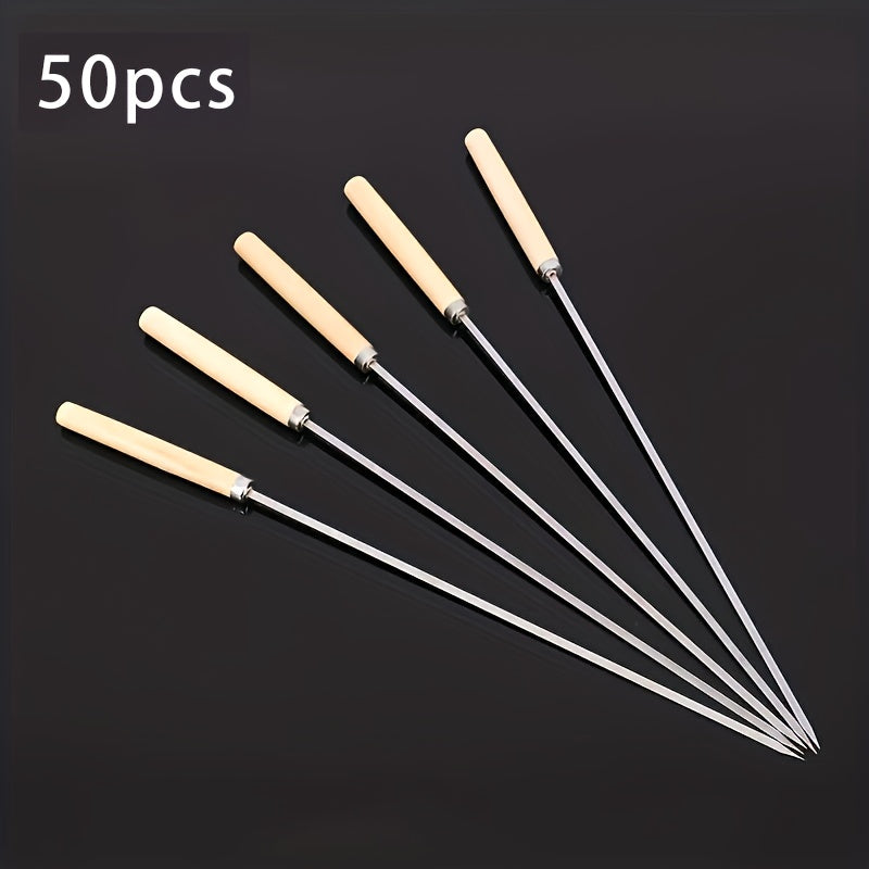 50pcs, Stainless Steel Skewers With Wooden Handle