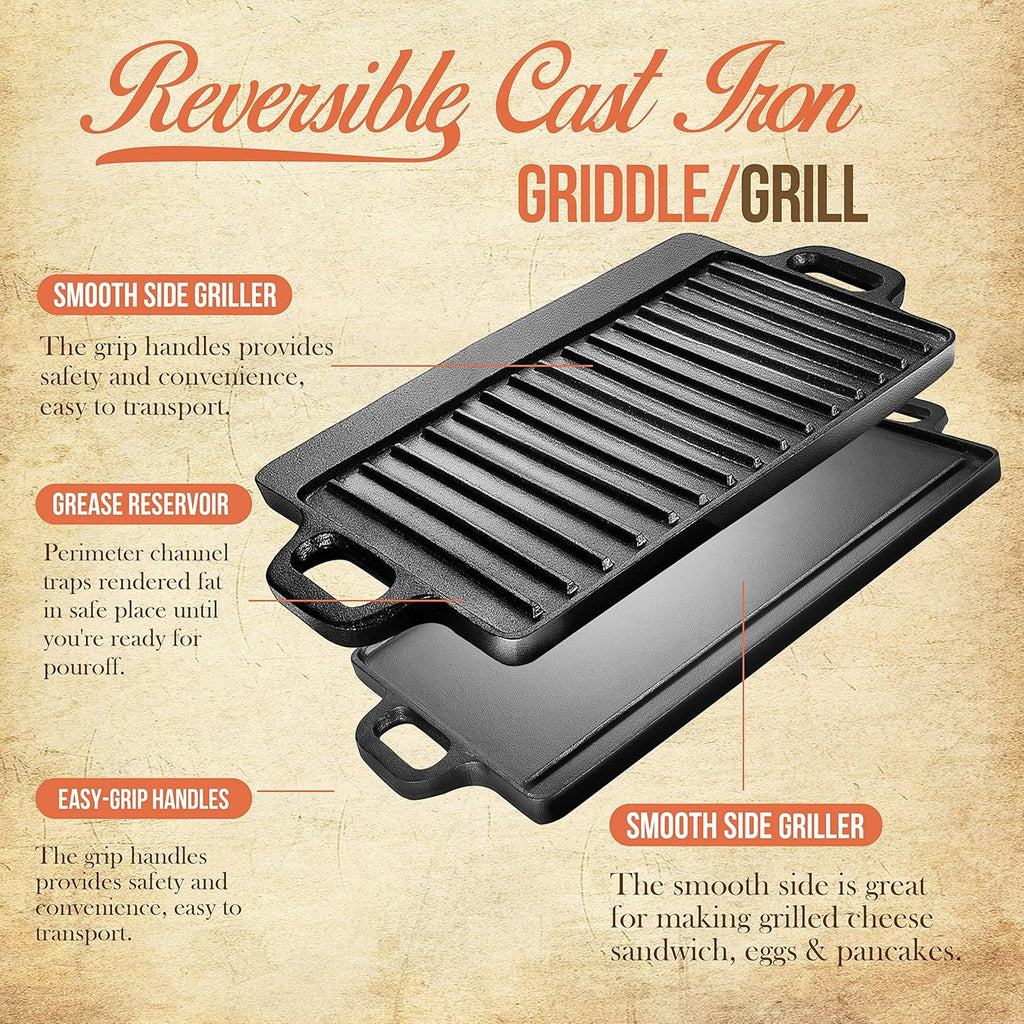 Heavy Duty Reversible Cast Iron Griddle Grill Pan - Double-Sided