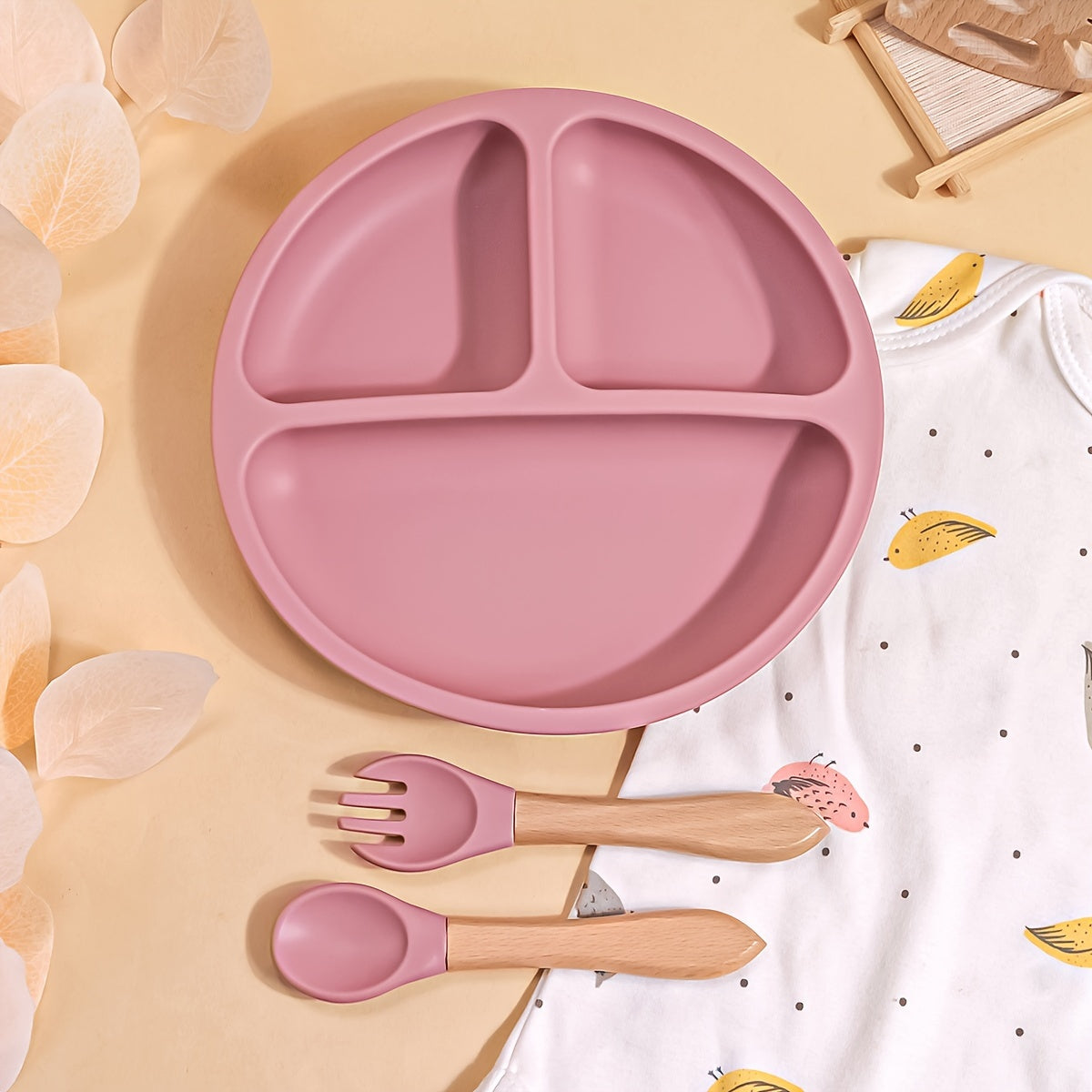 3pcs Baby Feeding Set Made of 100% Silicone, Featuring a Divided Suction Plate