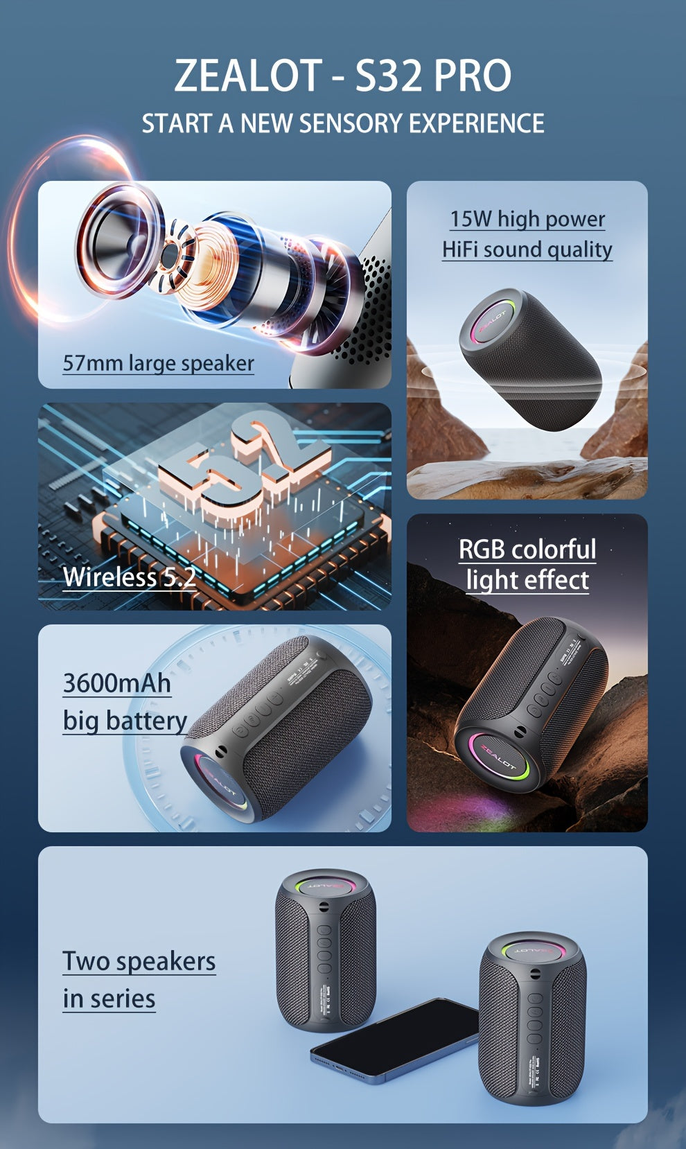 2024 New Style Zealot S32 Pro 15W Wireless Speakers