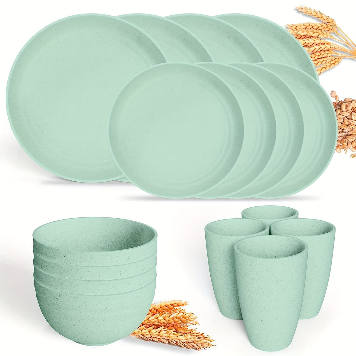 16pcs Unbreakable Wheat Straw Dinnerware Sets, Lightweight Plates Cups And Bowls Sets