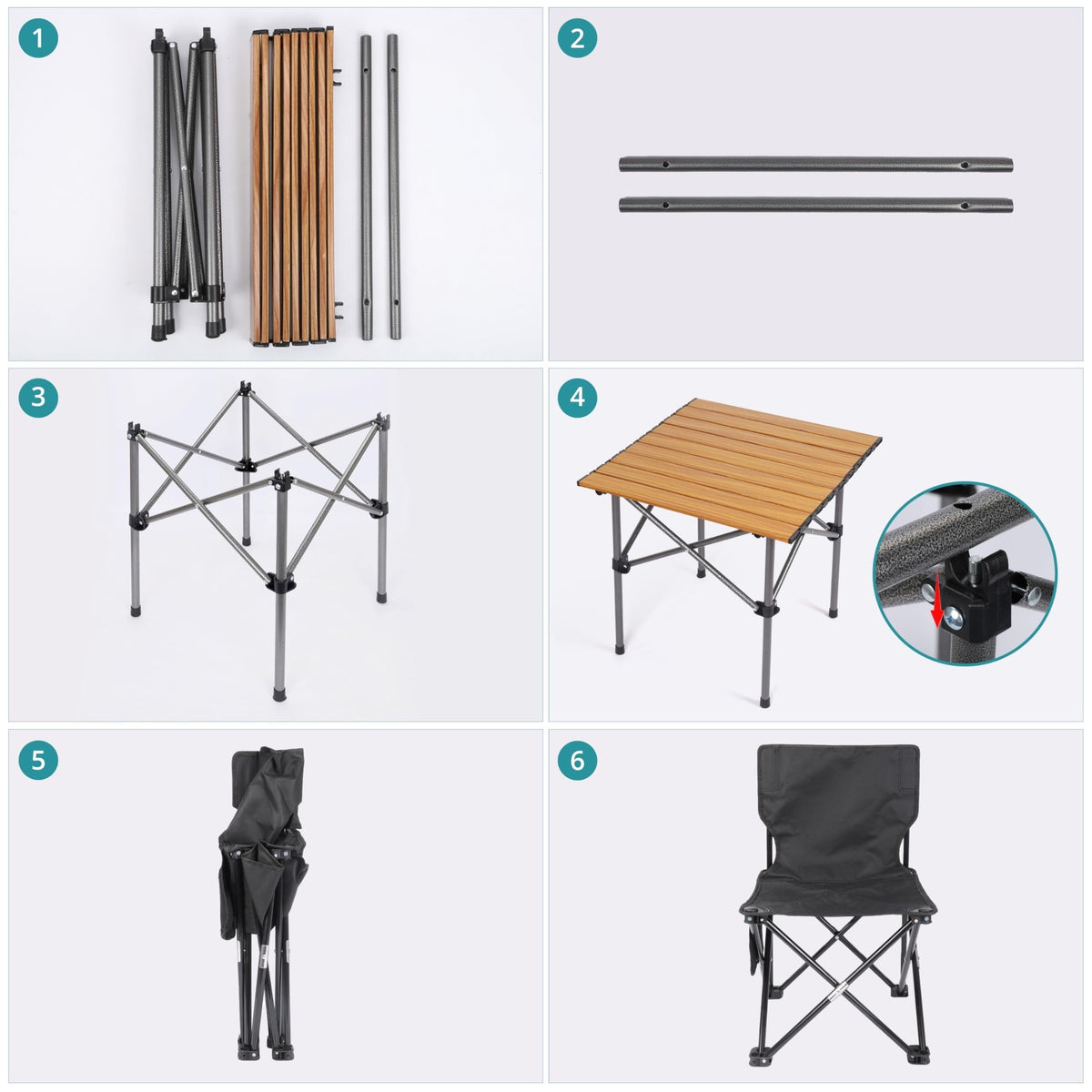 5pcs/Set, Black Camping Chair & Table Set