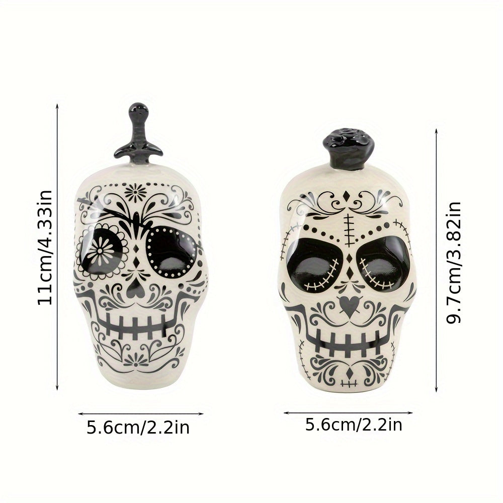 Ceramic Sugar Skull Salt and Pepper Shakers Set, 2PCS