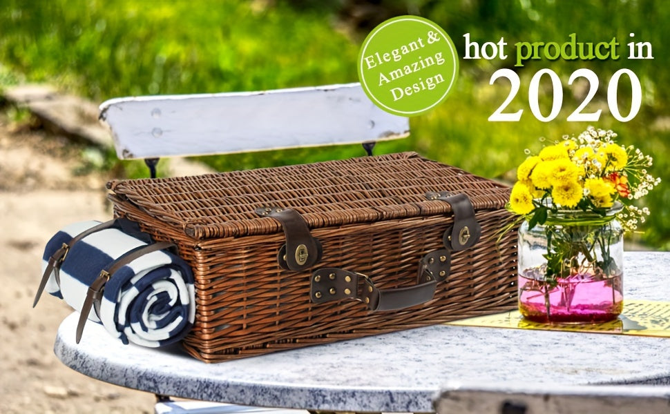 Extra Large Willow Picnic Basket with Service Set for 4 Persons